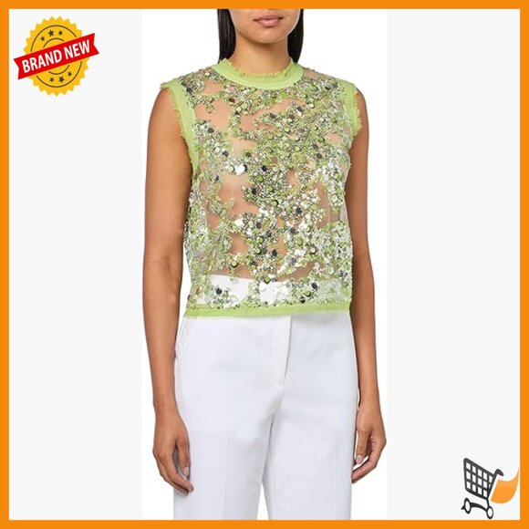 Tops - Sleeveless Sequin Blouse, Sheer Silk Blend, Back Button Closure
